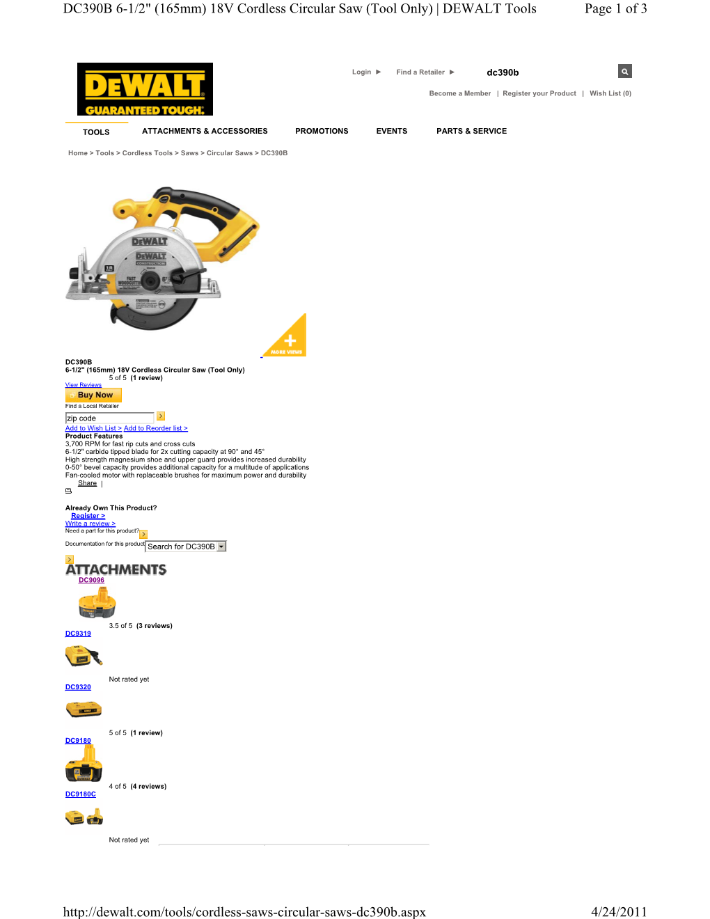 Page 1 of 3 DC390B 6-1/2" (165Mm) 18V Cordless Circular Saw (Tool