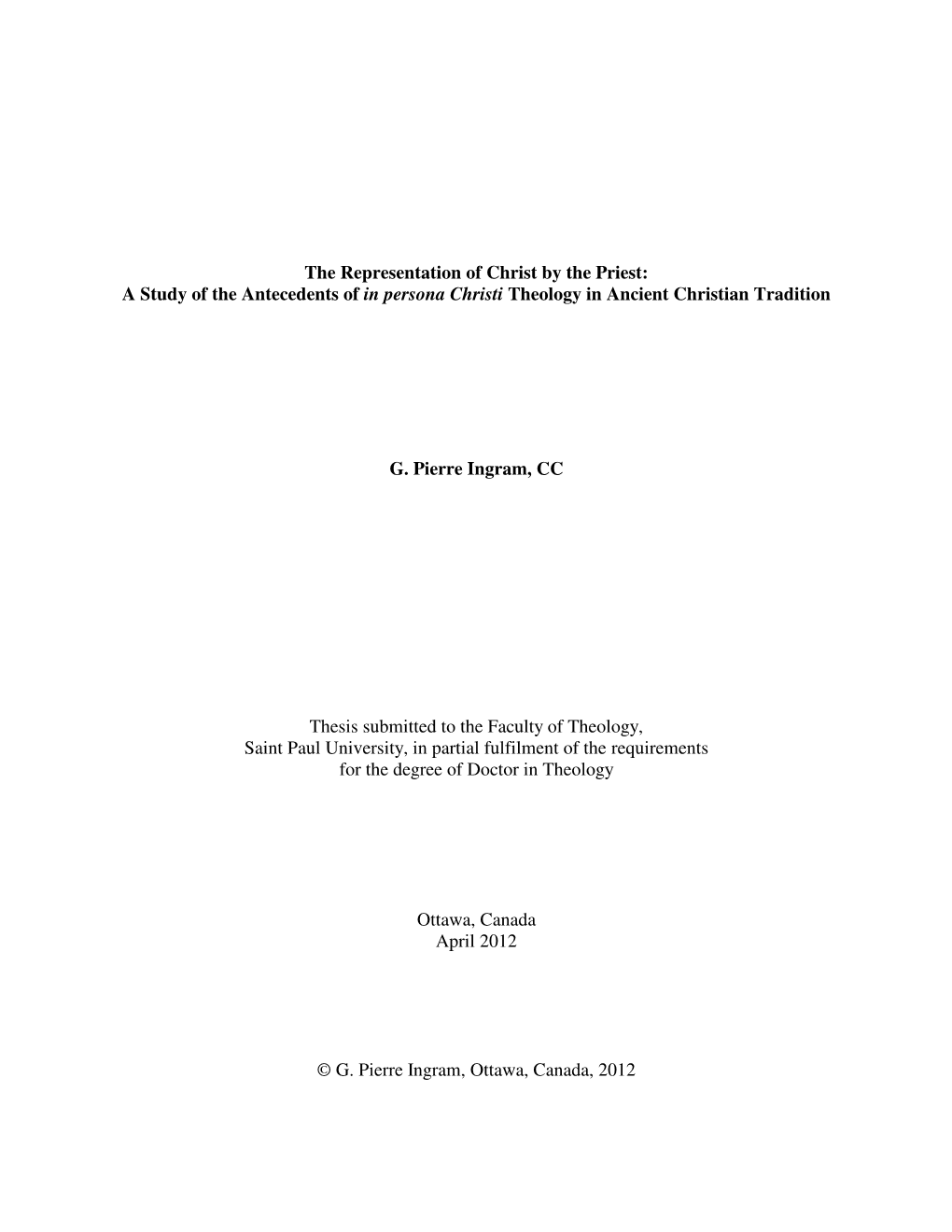 A Study of the Antecedents of in Persona Christi Theology in Ancient Christian Tradition