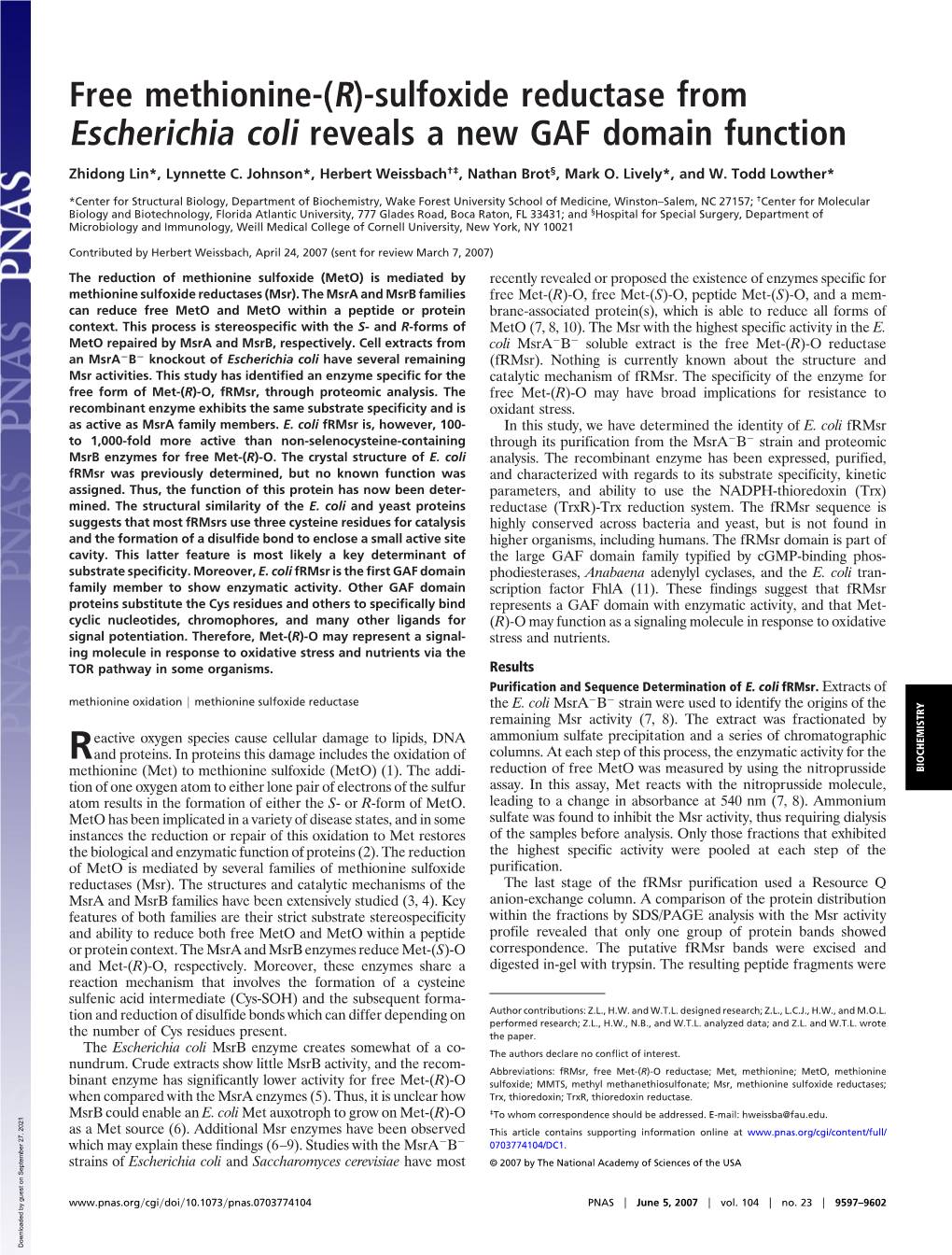 Sulfoxide Reductase from Escherichia Coli Reveals a New GAF Domain Function