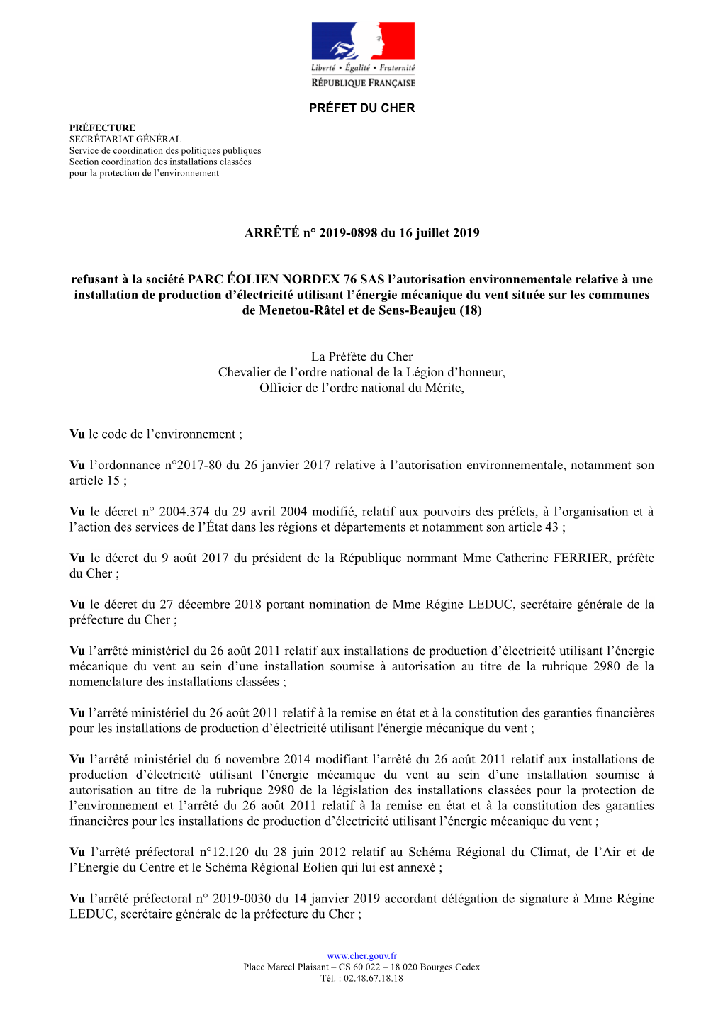 ARRÊTÉ N° 2019-0898 Du 16 Juillet 2019 Refusant À La Société PARC