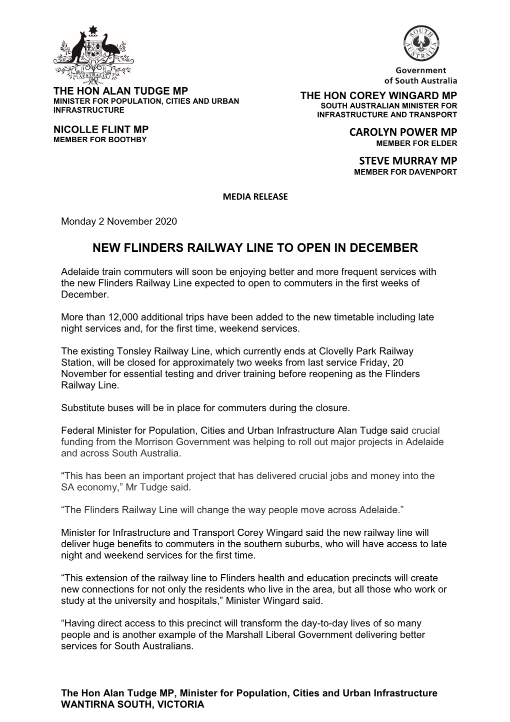 New Flinders Rail Line to Open in December