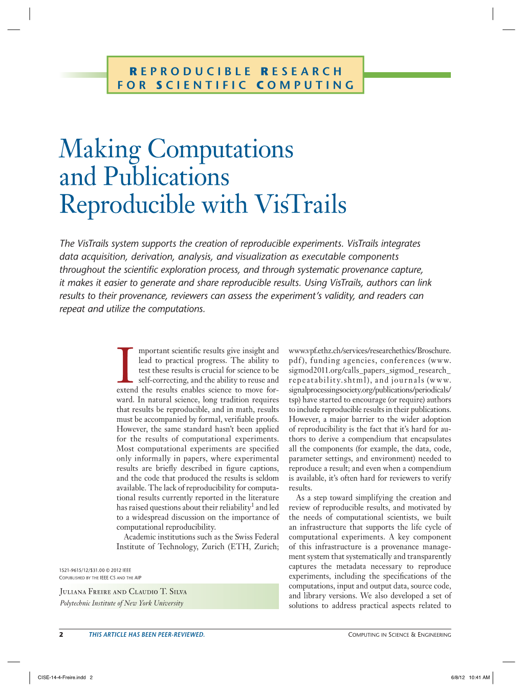 Making Computations and Publications Reproducible with Vistrails