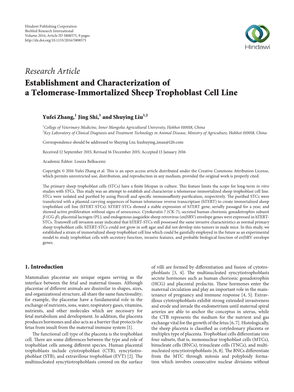 Research Article Establishment and Characterization of a Telomerase-Immortalized Sheep Trophoblast Cell Line