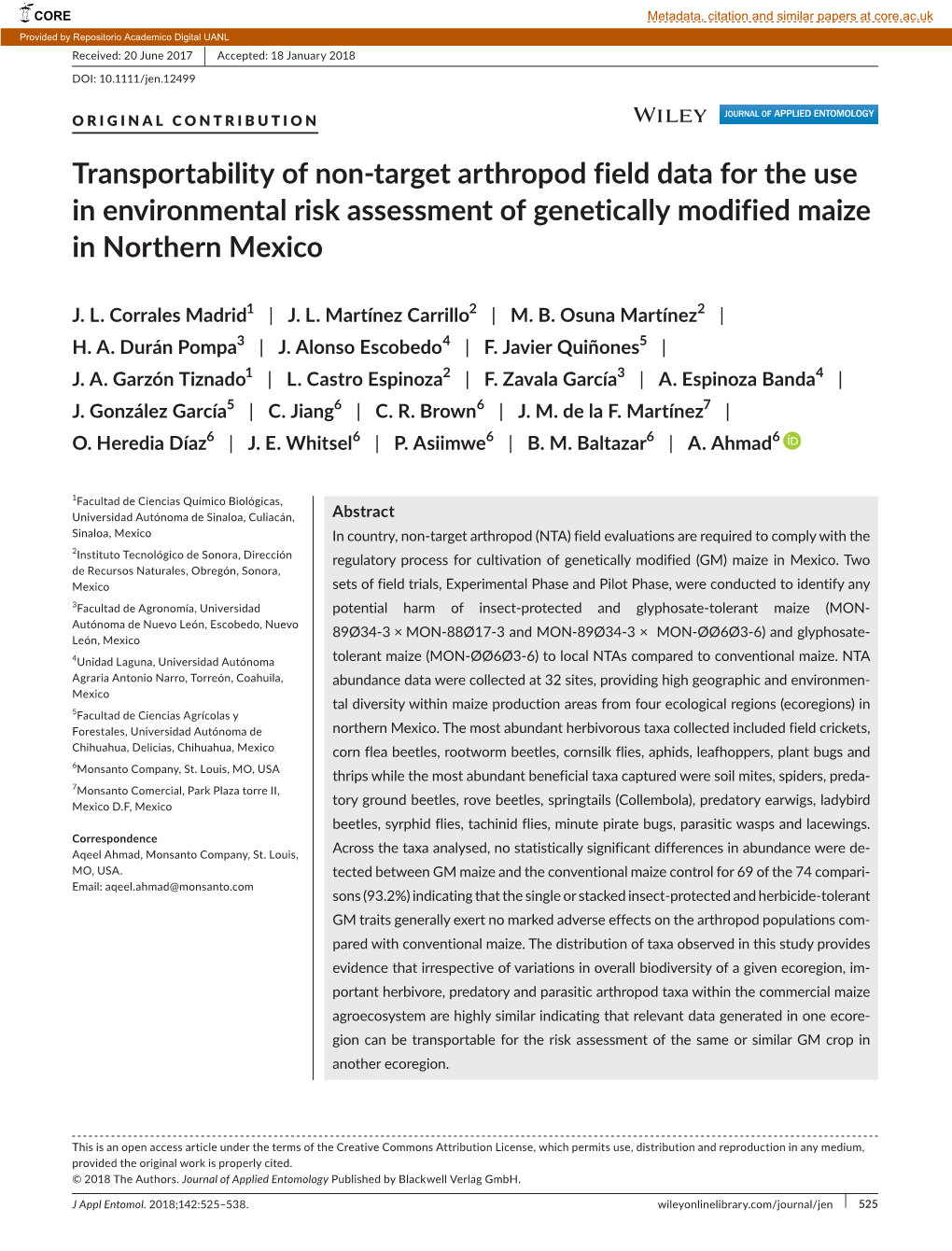 Transportability of Non‐Target Arthropod Field Data for the Use In