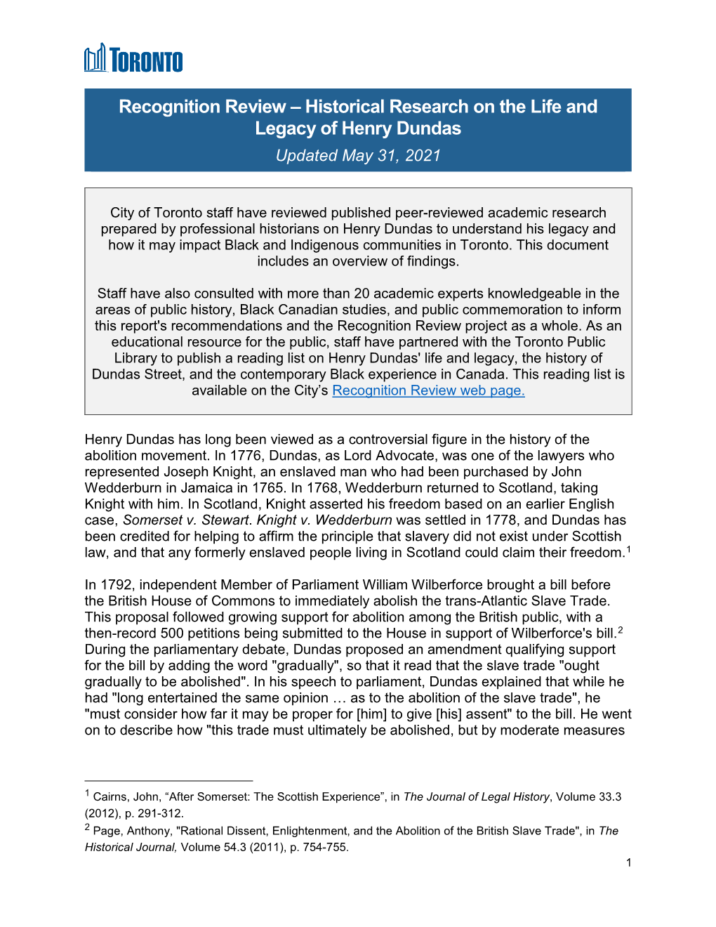 Historical Research on the Life and Legacy of Henry Dundas Updated May 31, 2021