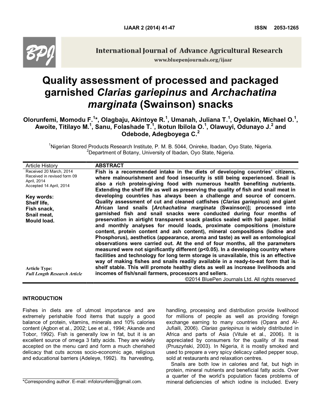 Quality Assessment of Processed and Packaged Garnished Clarias Gariepinus and Archachatina Marginata (Swainson) Snacks