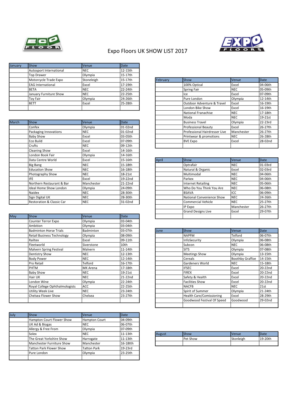 Expo Floors UK SHOW LIST 2017