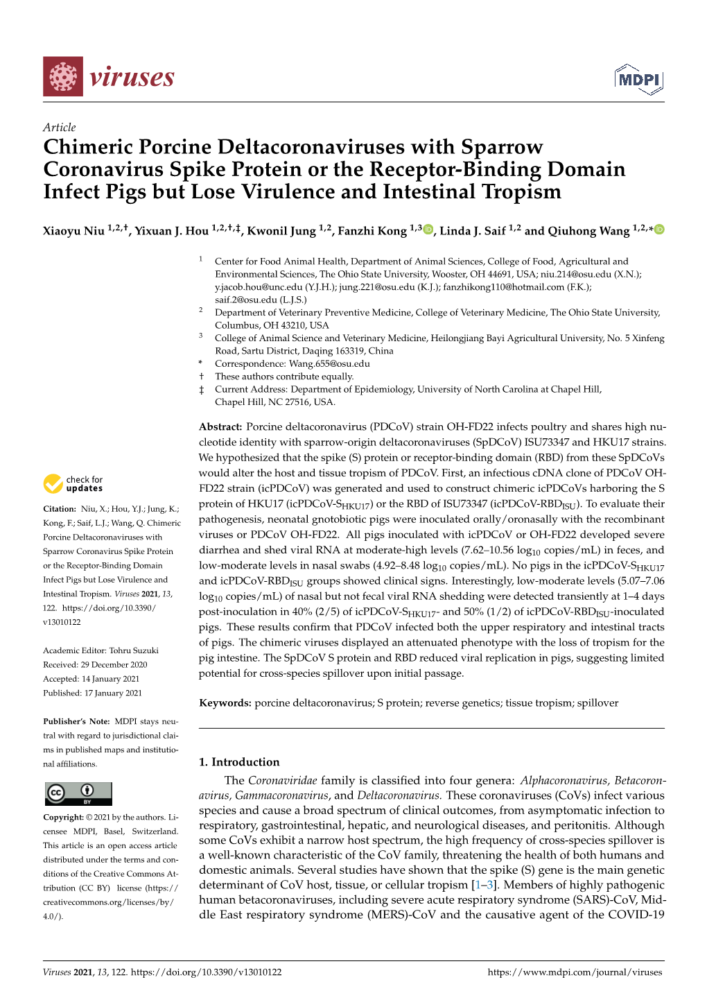 Chimeric Porcine Deltacoronaviruses with Sparrow Coronavirus Spike Protein Or the Receptor-Binding Domain Infect Pigs but Lose Virulence and Intestinal Tropism