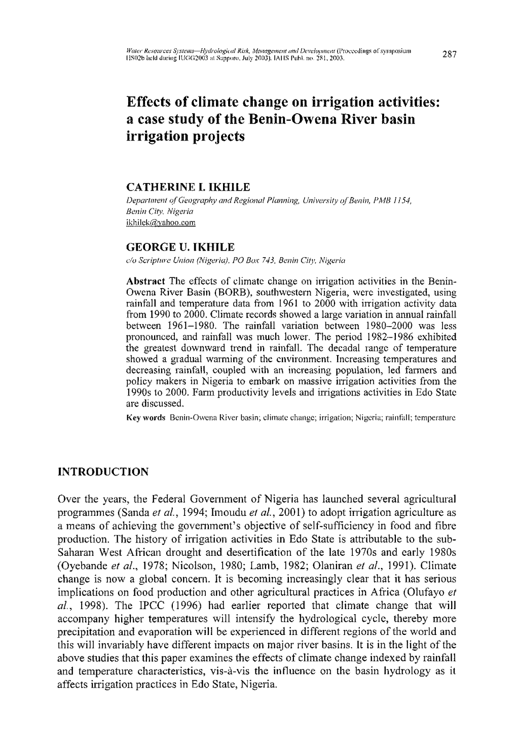 Effects of Climate Change on Irrigation Activities: a Case Study of the Benin-Owena River Basin Irrigation Projects