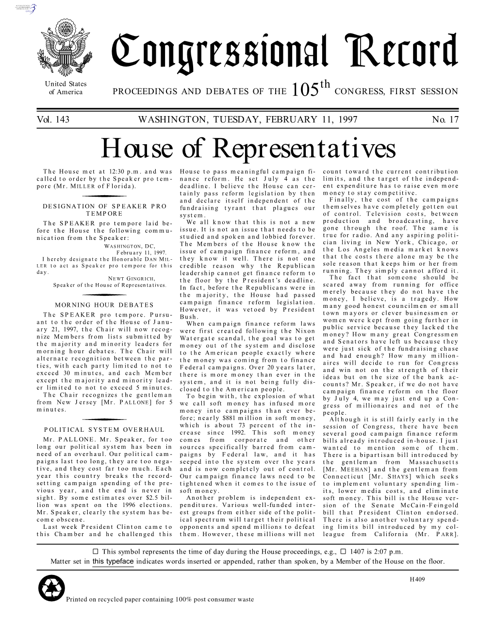 Congressional Record United States Th of America PROCEEDINGS and DEBATES of the 105 CONGRESS, FIRST SESSION