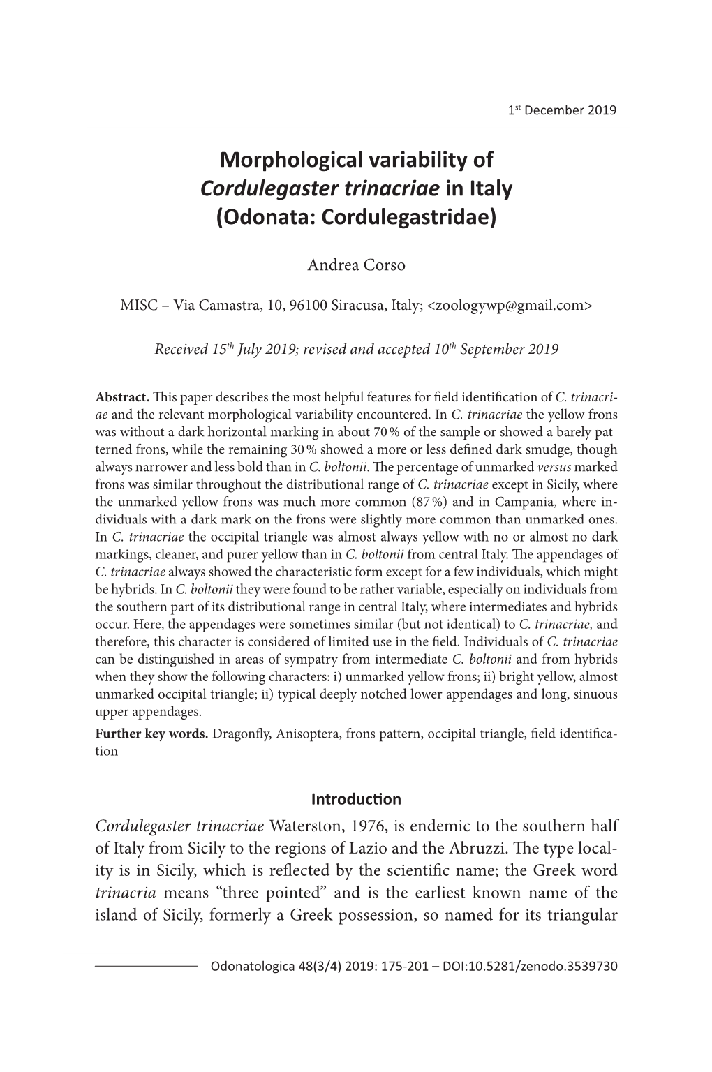 Morphological Variability of Cordulegaster Trinacriae in Italy 1St December 2019175