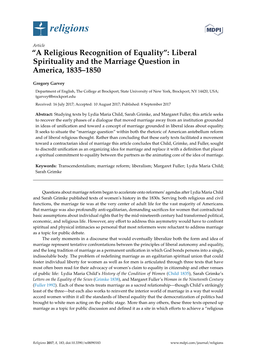 “A Religious Recognition of Equality”: Liberal Spirituality and the Marriage Question in America, 1835–1850