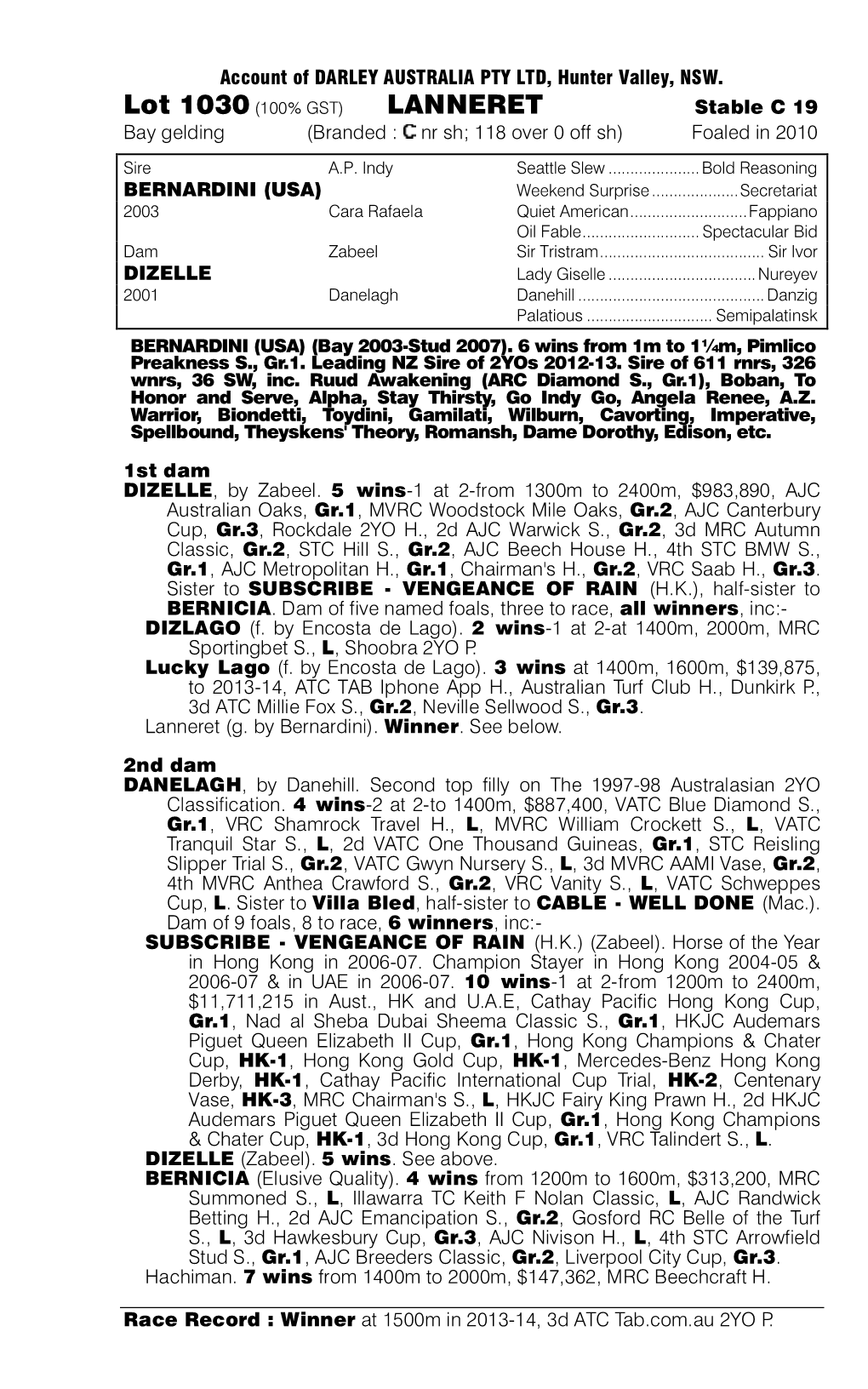 LANNERET Stable C 19 Bay Gelding (Branded : Nr Sh; 118 Over 0 Off Sh) Foaled in 2010