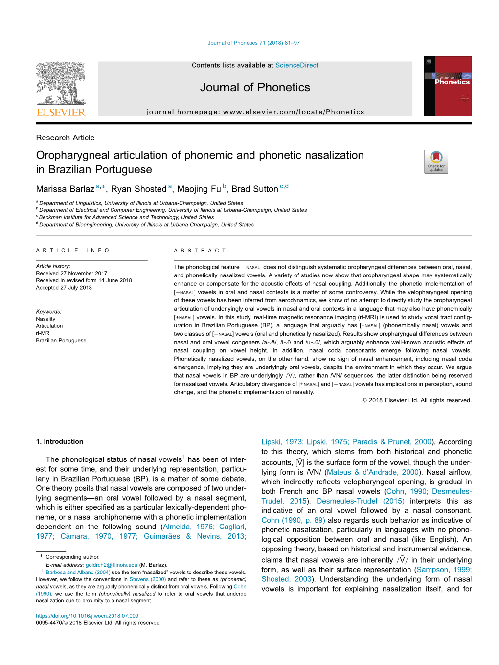 Oropharygneal Articulation of Phonemic and Phonetic Nasalization in Brazilian Portuguese