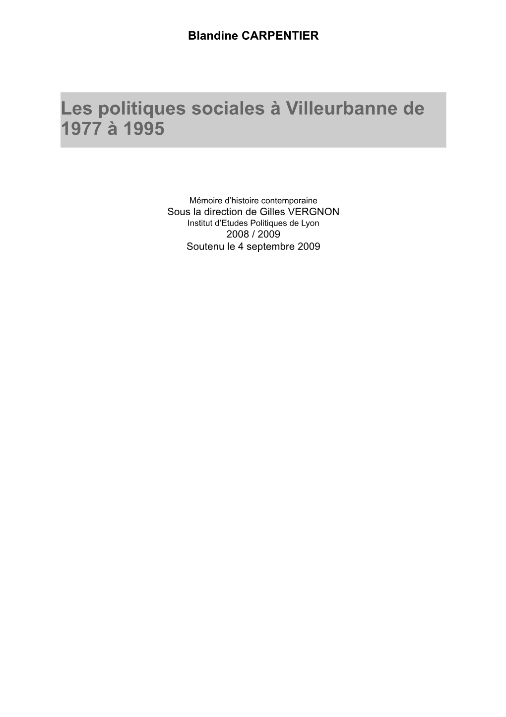 Les Politiques Sociales À Villeurbanne De 1977 À 1995