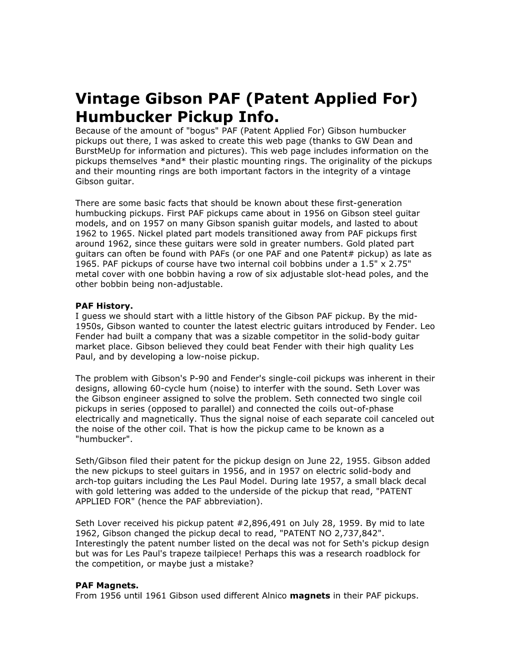 Vintage Gibson PAF (Patent Applied For) Humbucker Pickup Info