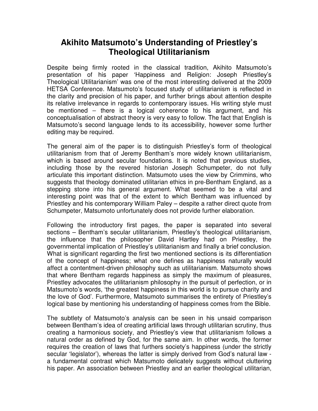 Akihito Matsumoto's Understanding of Priestley's Theological Utilitarianism