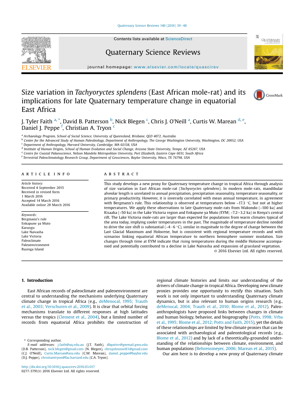 East African Mole-Rat) and Its Implications for Late Quaternary Temperature Change in Equatorial East Africa