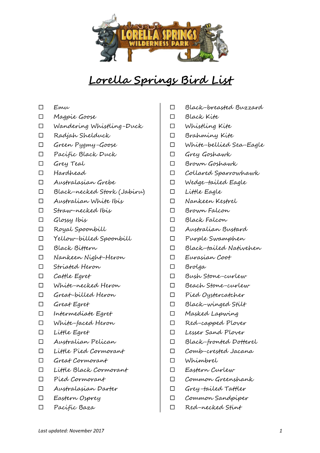 Lorella Springs Bird List