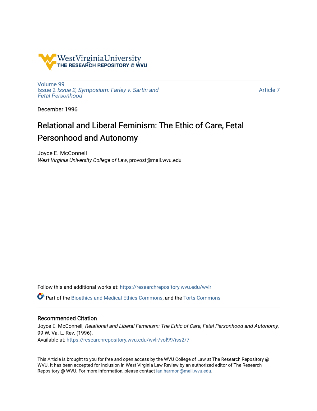 Relational and Liberal Feminism: the Ethic of Care, Fetal Personhood and Autonomy