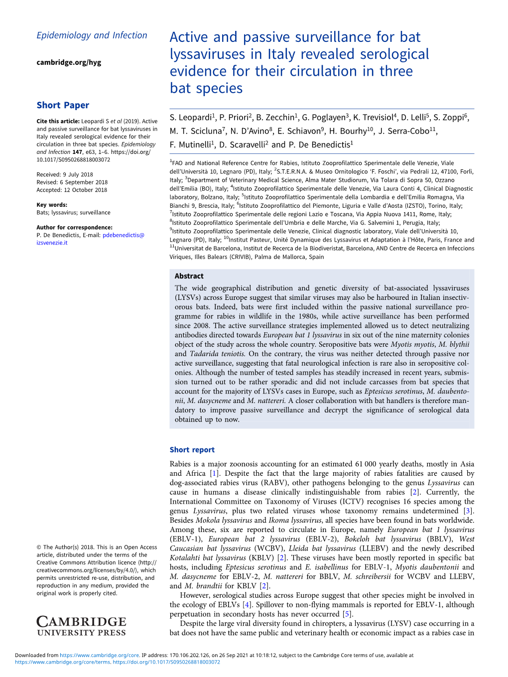 Active and Passive Surveillance for Bat Lyssaviruses in Italy Revealed Serological Evidence for Their Circulation in Three Bat S