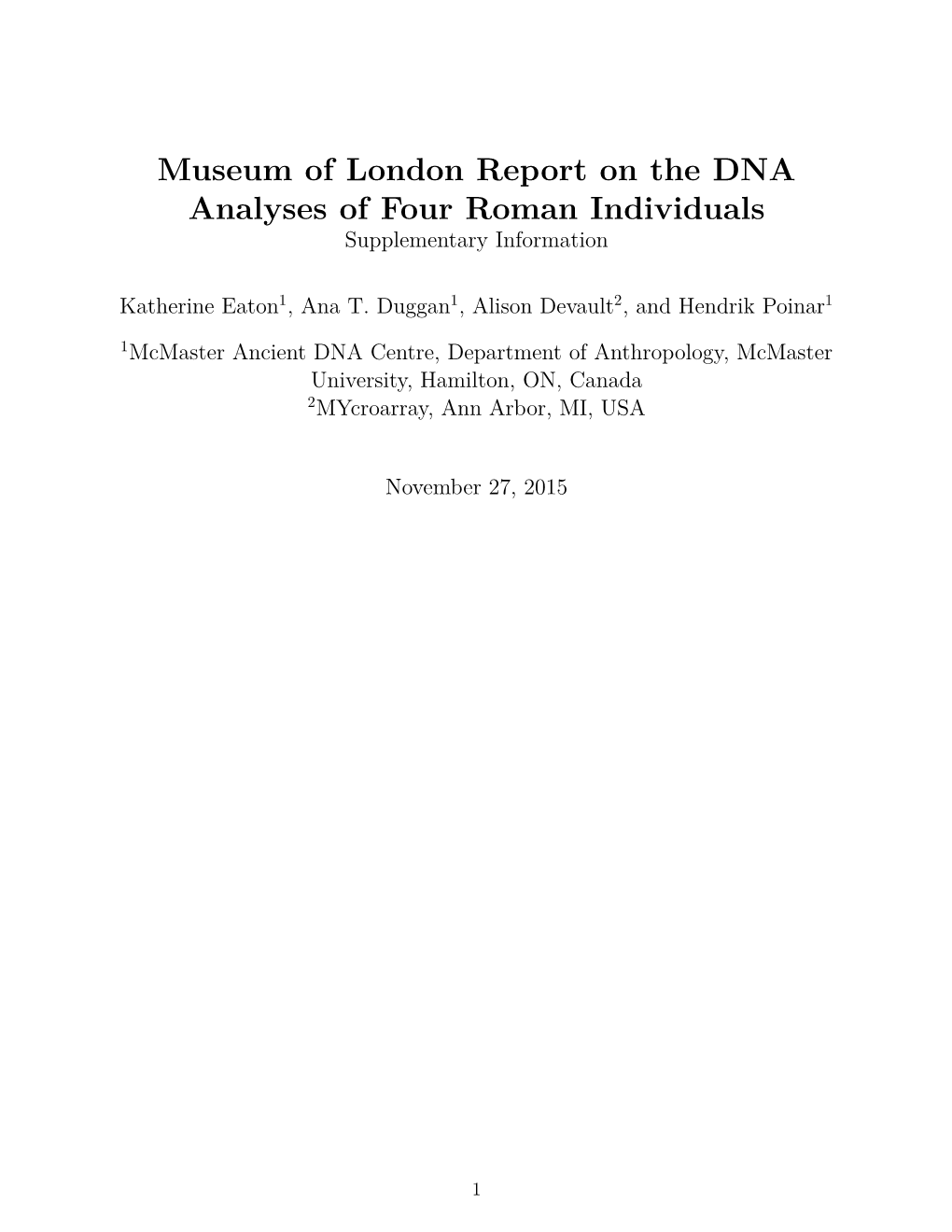 Museum of London Report on the DNA Analyses of Four Roman Individuals Supplementary Information