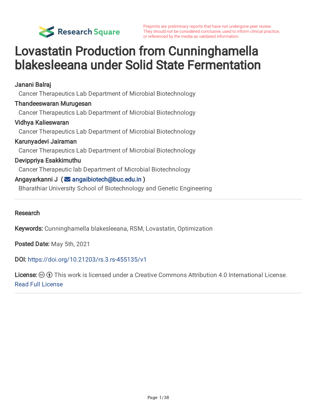 Lovastatin Production from Cunninghamella Blakesleeana Under Solid State Fermentation