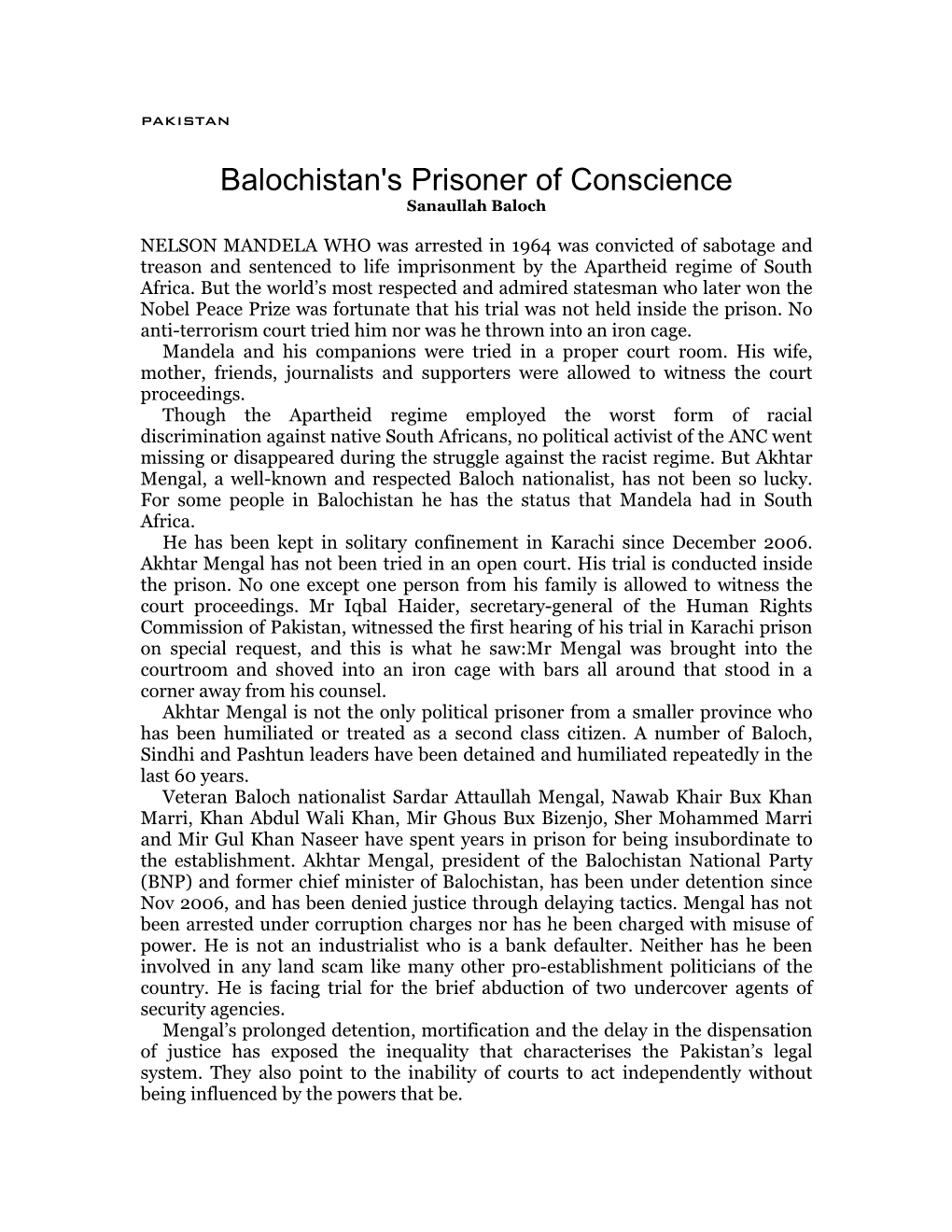 Balochistan's Prisoner of Conscience Sanaullah Baloch