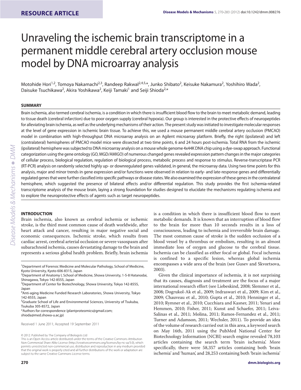 Unraveling the Ischemic Brain Transcriptome in a Permanent Middle Cerebral Artery Occlusion Mouse Model by DNA Microarray Analysis