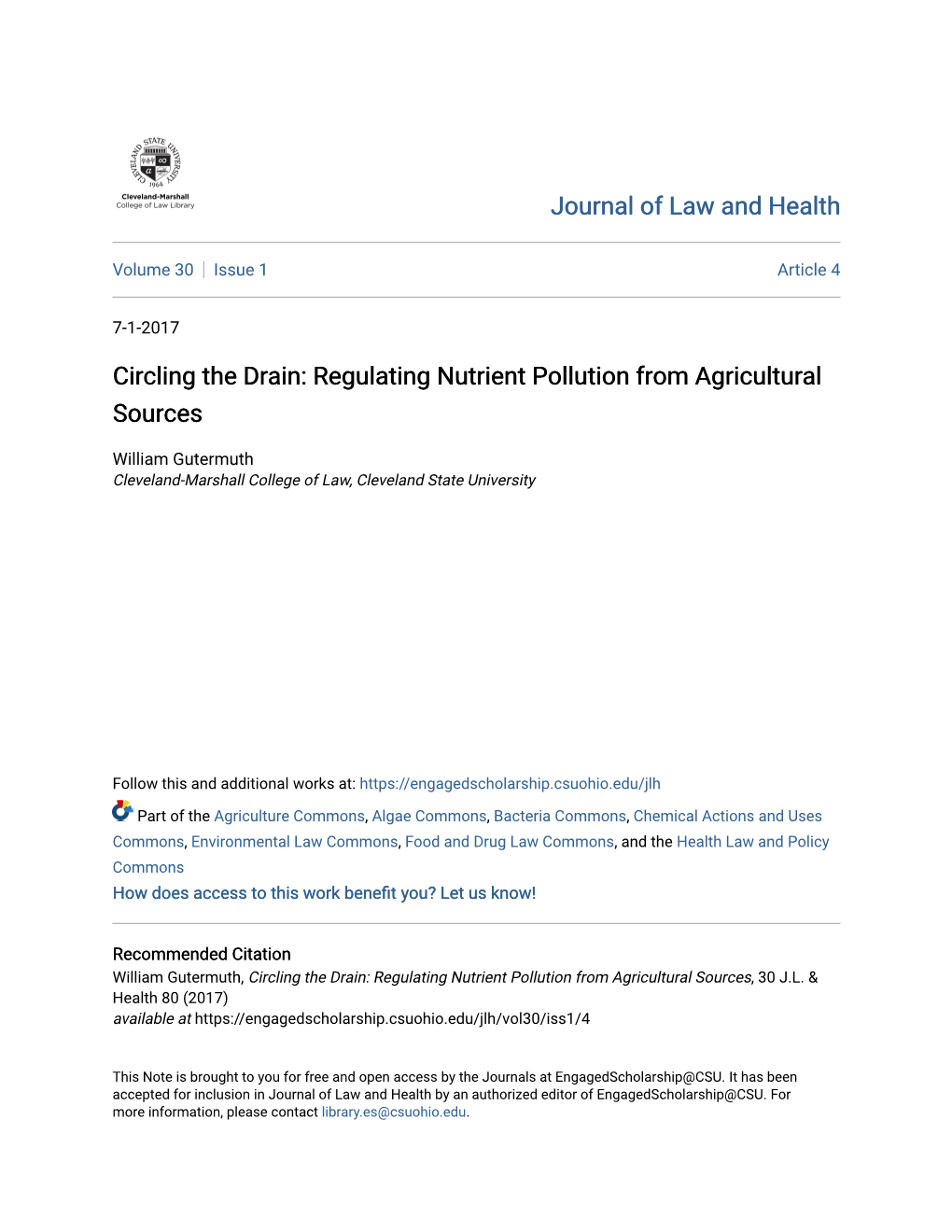 Circling the Drain: Regulating Nutrient Pollution from Agricultural Sources