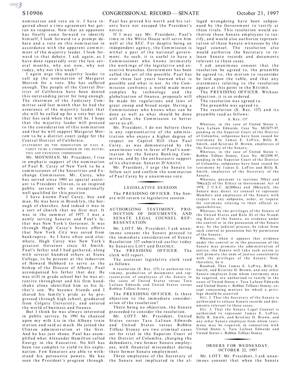 S10906 CONGRESSIONAL RECORD — SENATE October 21, 1997 Nomination and Vote on It