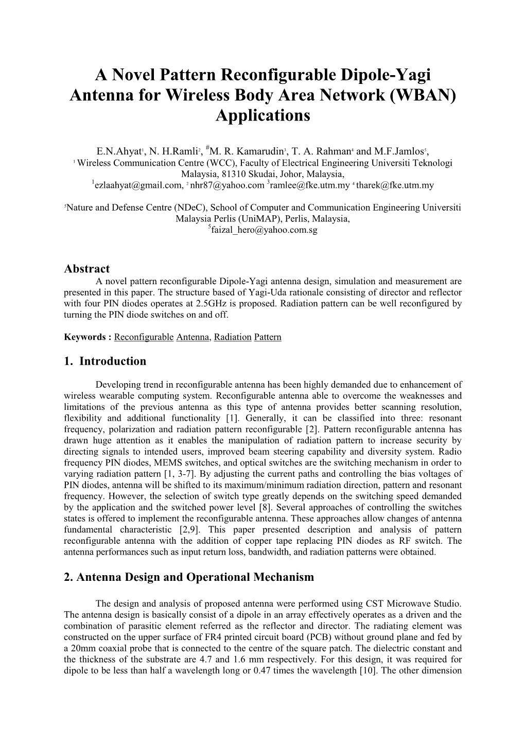 A Novel Pattern Reconfigurable Dipole-Yagi Antenna for Wireless Body Area Network (WBAN) Applications