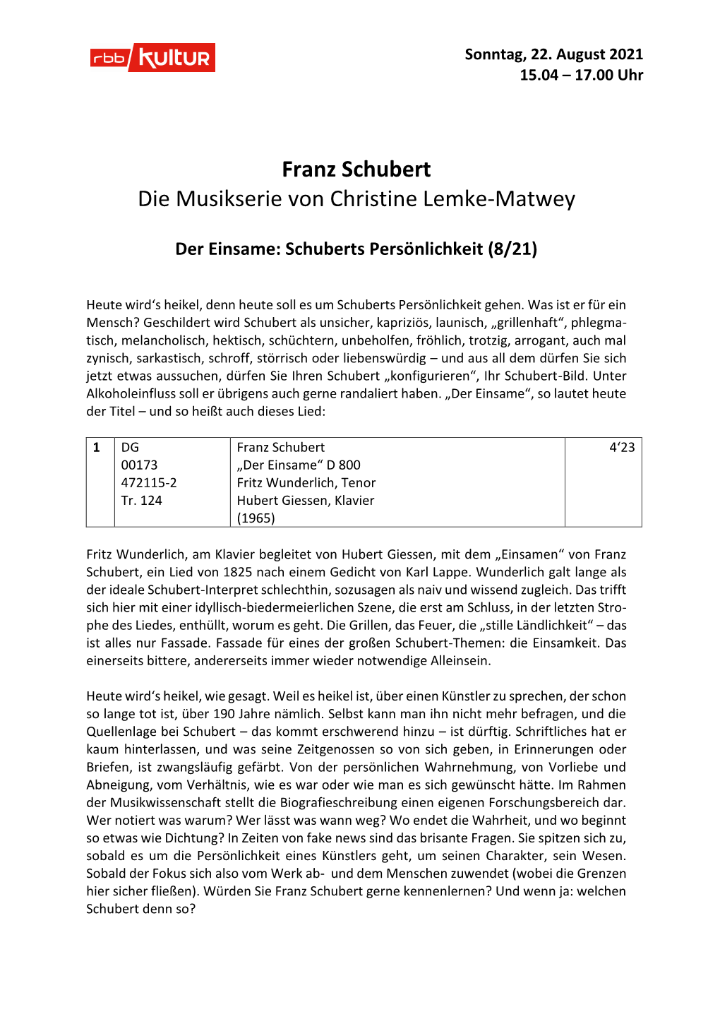 Franz Schubert Die Musikserie Von Christine Lemke-Matwey