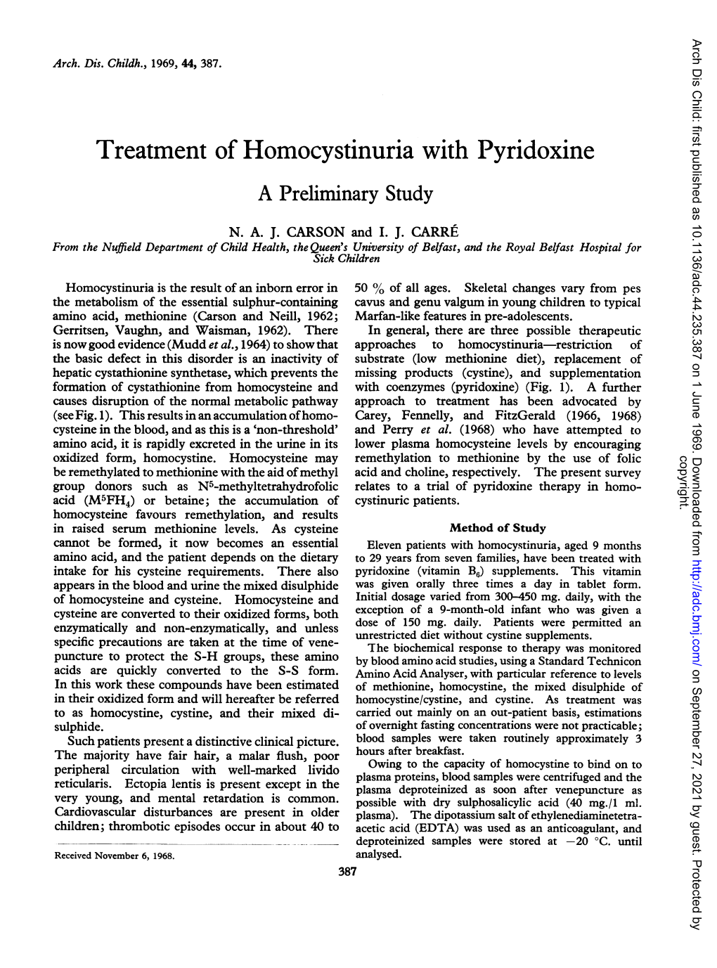 Treatment of Homocystinuria with Pyridoxine a Preliminary Study