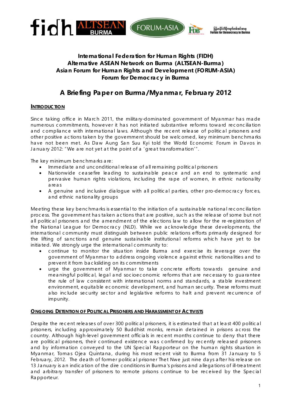 A Briefing Paper on Burma/Myanmar, February 2012