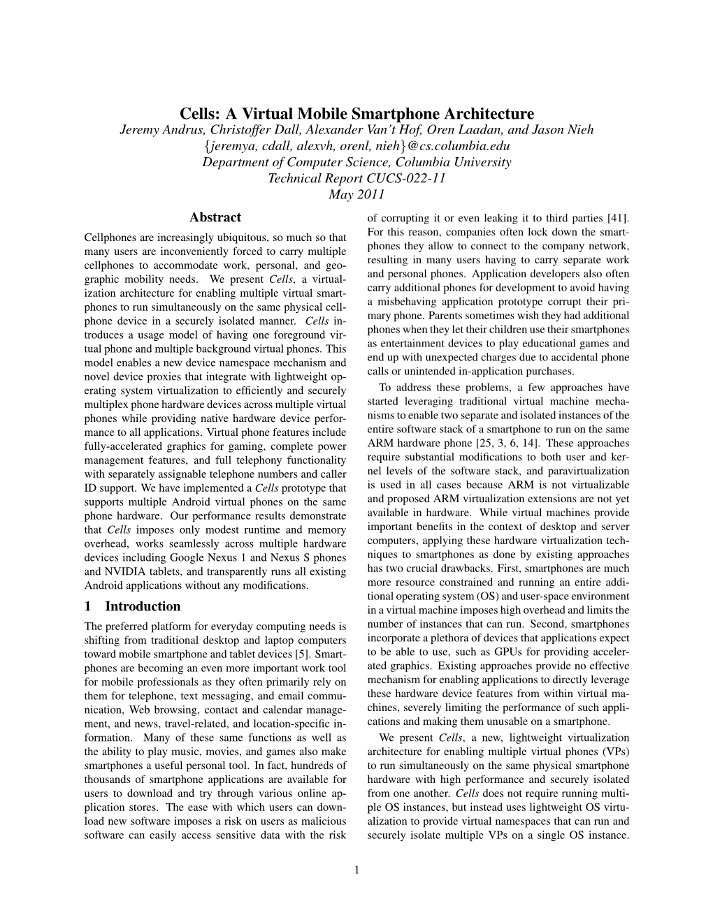 Cells: a Virtual Mobile Smartphone Architecture