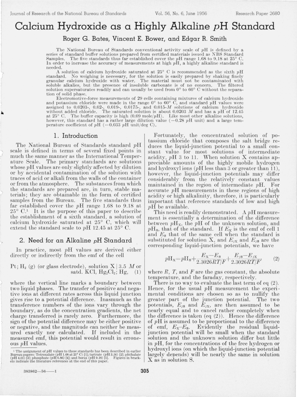 Calcium Hydroxide As a Highly Alkaline Ph Standard Roger G