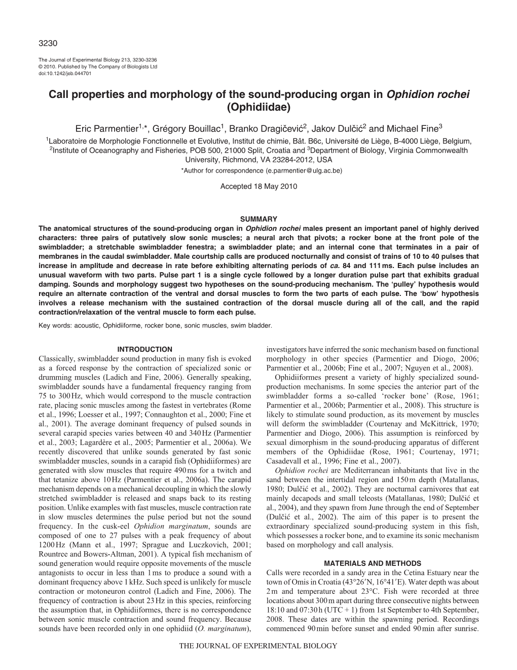 Call Properties and Morphology of the Sound-Producing Organ in Ophidion Rochei (Ophidiidae)