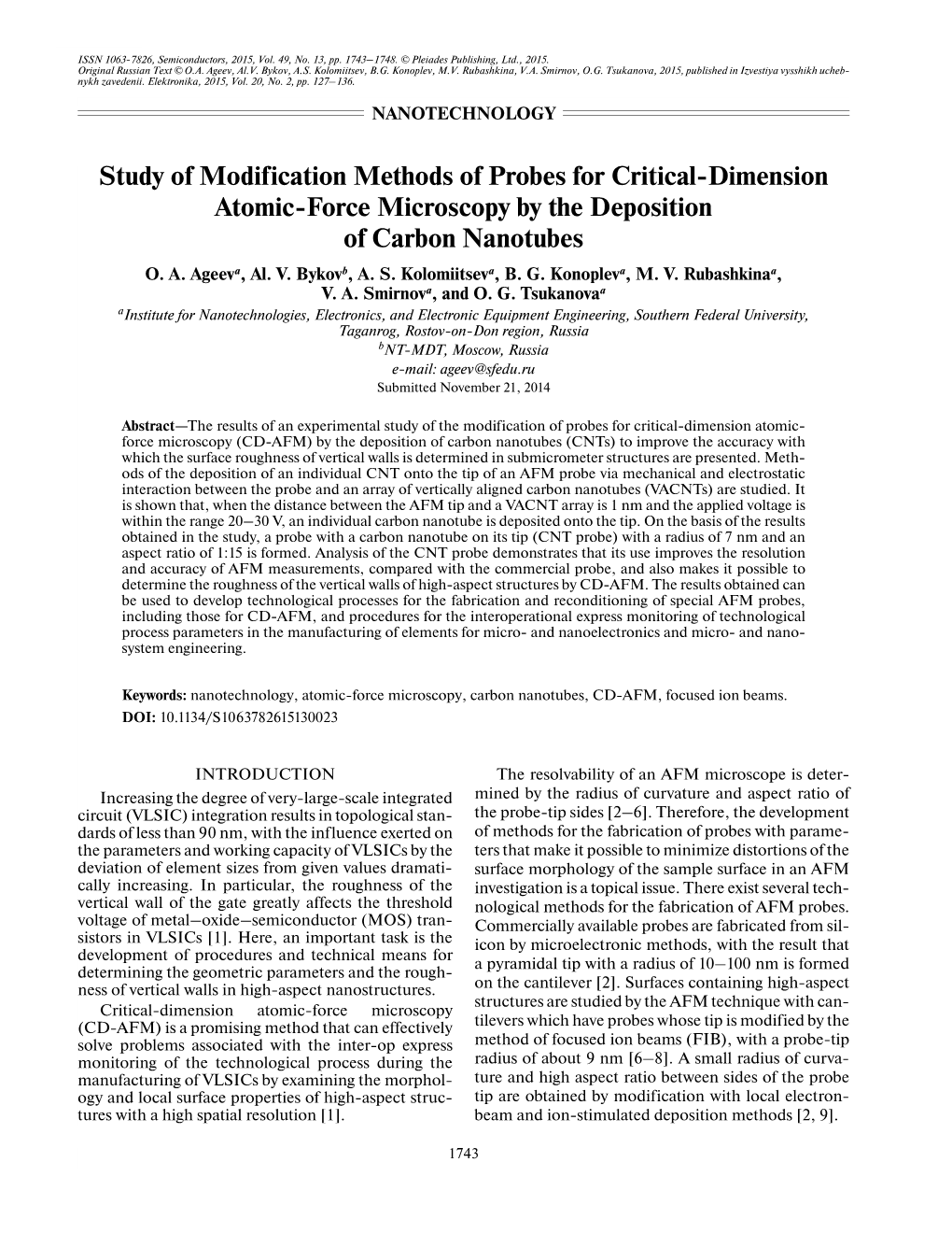 Study of Modification Methods of Probes for Critical-Dimension Atomic-Force Microscopy by the Deposition of Carbon Nanotubes O