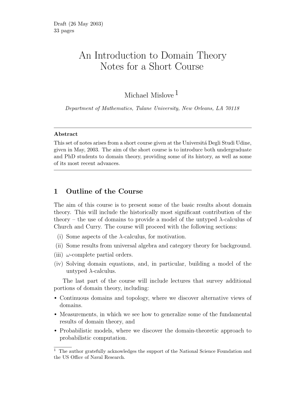 An Introduction to Domain Theory Notes for a Short Course