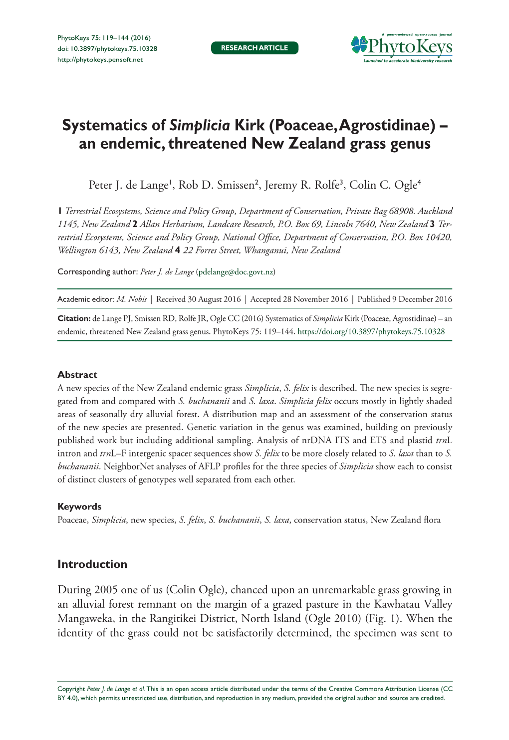 Systematics of Simplicia Kirk (Poaceae, Agrostidinae) – an Endemic, Threatened New Zealand Grass Genus