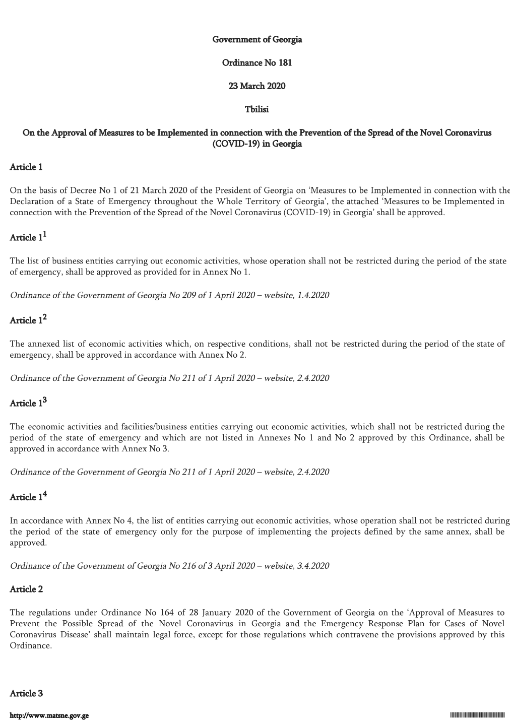 Ordinance of the Government of Georgia No 209 of 1 April 2020 – Website, 1.4.2020