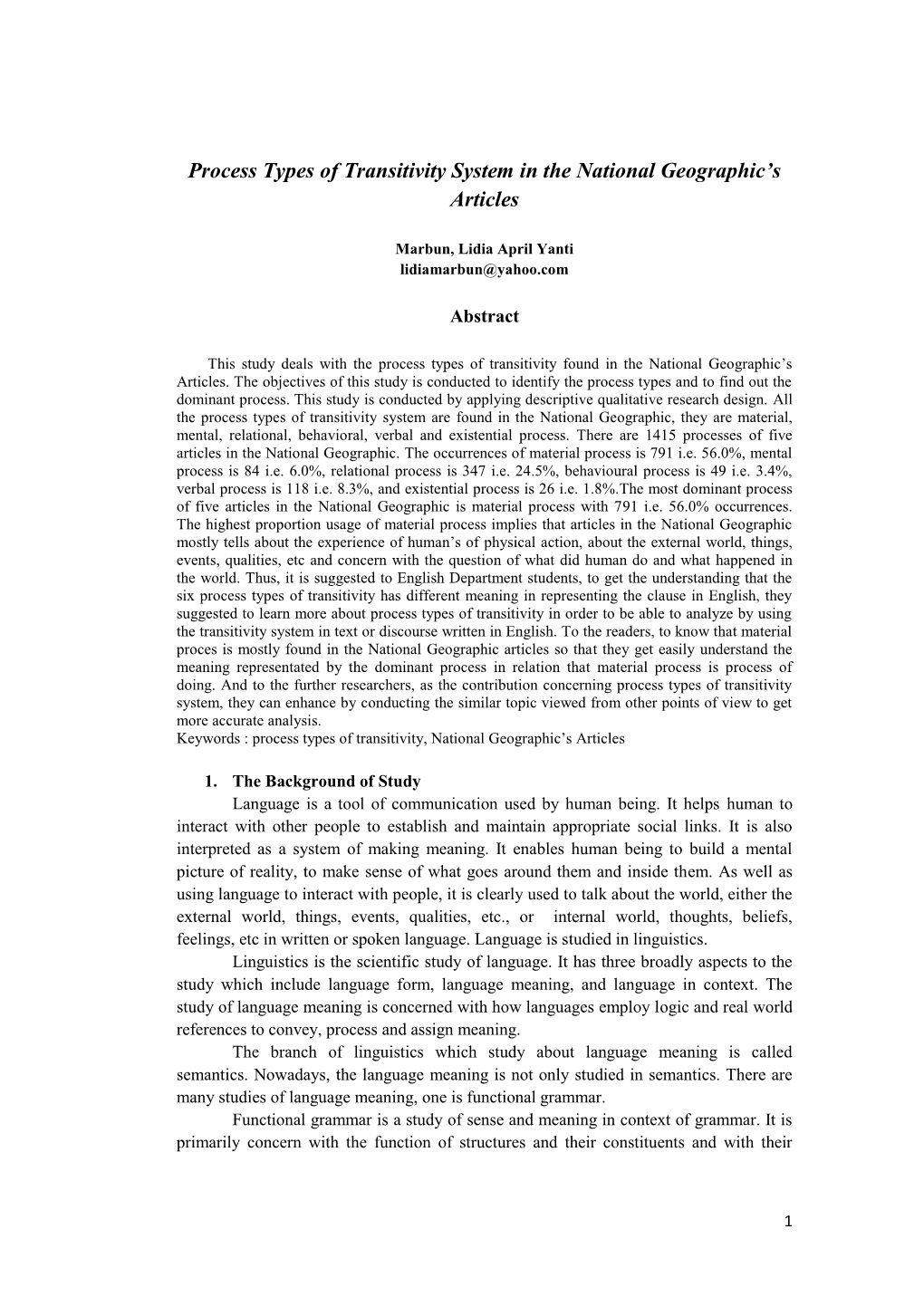 Process Types of Transitivity System in the National Geographic's Articles