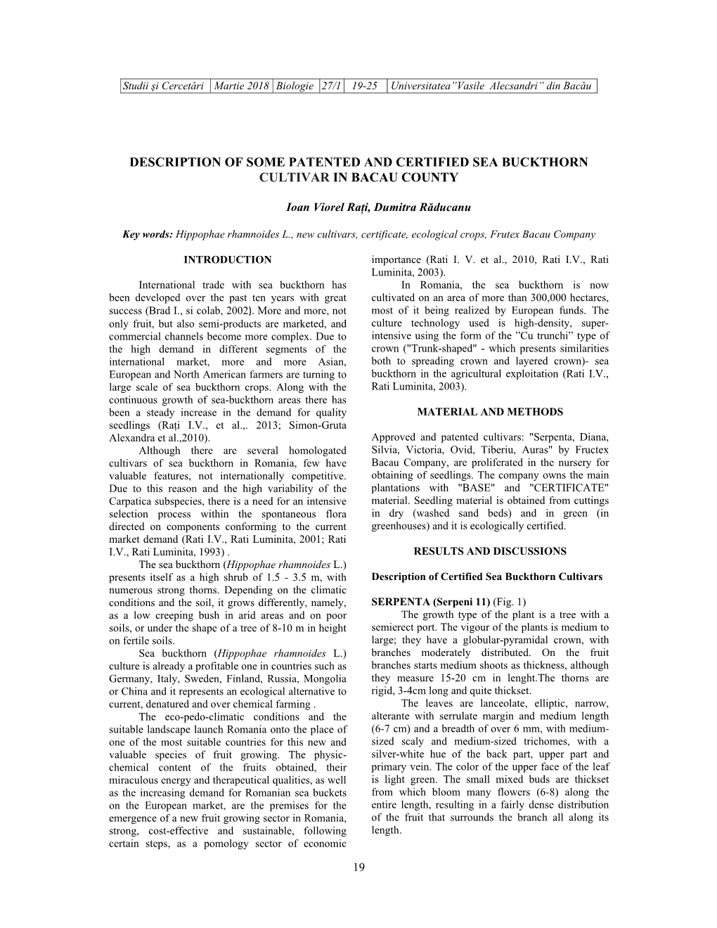 Description of Some Patented and Certified Sea Buckthorn Cultivar in Bacau County