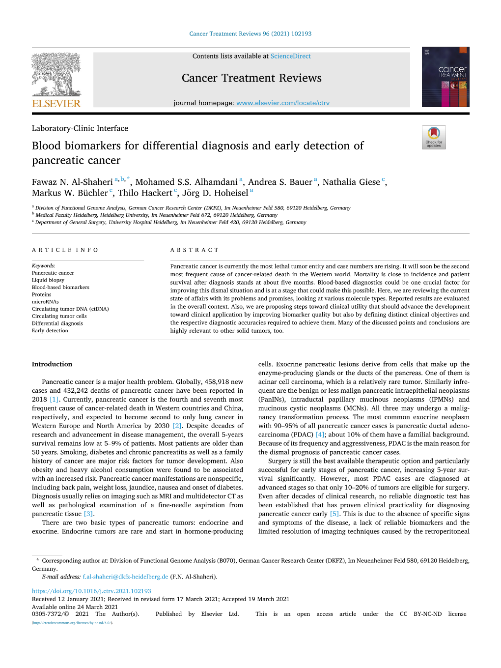 Blood Biomarkers for Differential Diagnosis and Early Detection of Pancreatic Cancer