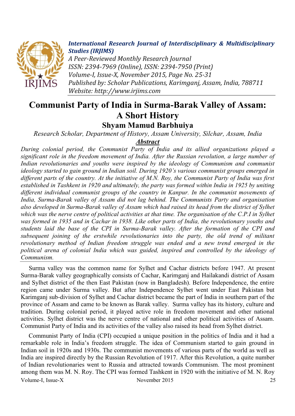 Communist Party of India in Surma-Barak Valley of Assam