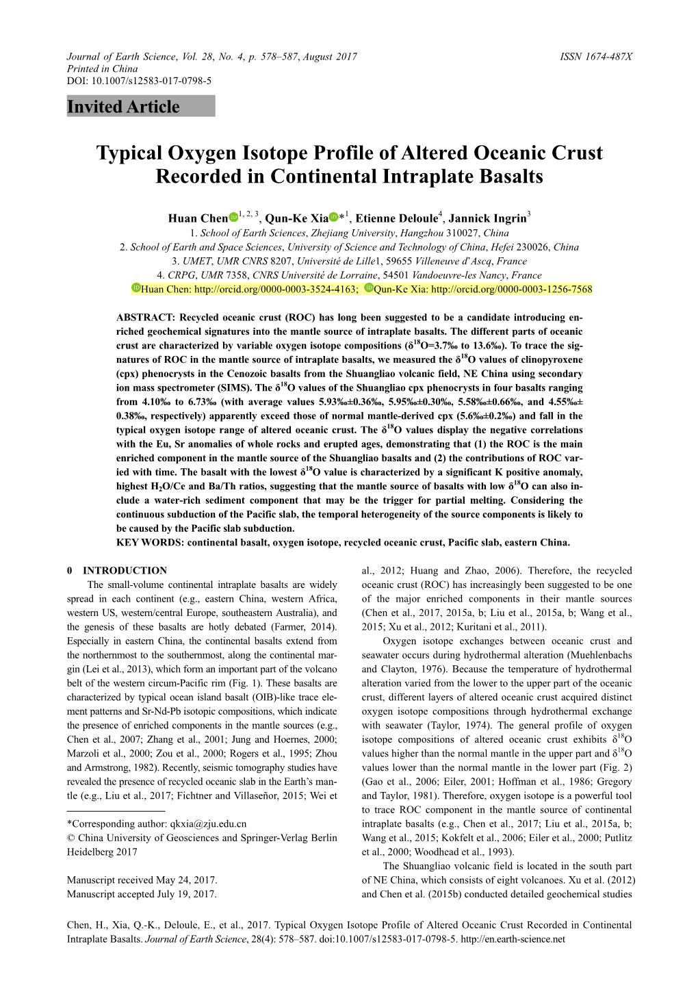 Typical Oxygen Isotope Profile of Altered Oceanic Crust Recorded in Continental Intraplate Basalts