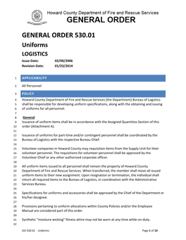 GENERAL ORDER 530.01 Uniforms LOGISTICS Issue Date: 02/09/2006 Revision Date: 01/23/2014