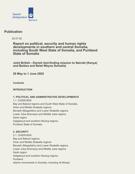 Publication Report on Political, Security and Human Rights Developments in Southern and Central Somalia, Including South West St