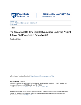 The Appearance De Bene Esse: Is It an Antique Under the Present Rules of Civil Procedure in Pennsylvania?